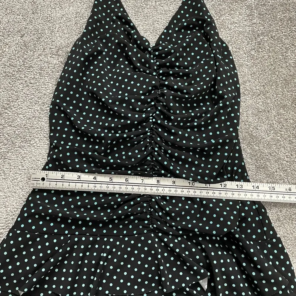 AGB Dress Womens 12 Black Polka Polyester Short Halter Backless Stretch A Line